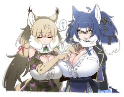Rule 34 | 2girls, animal ears, bare shoulders, belt, blue hair, breasts, camouflage, cat ears, cat girl, cat tail, cleavage, dire wolf (kemono friends), elbow gloves, extra ears, fingerless gloves, gloves, grey eyes, grey hair, huge breasts, jacket, jungle cat (kemono friends), kemono friends, kemono friends v project, large breasts, long hair, microphone, multiple girls, ribbon, shirt, simple background, skirt, tail, twintails, virtual youtuber, wolf ears, wolf girl, wolf tail, yoshida hideyuki