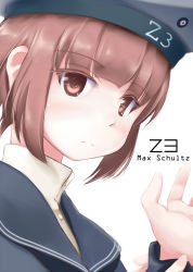 Rule 34 | 10s, 1girl, beret, blush, brown eyes, brown hair, buttons, character name, clothes writing, colored eyelashes, hat, kantai collection, sailor collar, sailor hat, short hair, simple background, solo, tsubasa (abchipika), upper body, white background, z3 max schultz (kancolle)