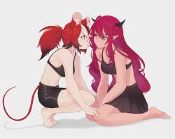 Rule 34 | 2girls, animal ear fluff, animal ears, barefoot, black hair, blue eyes, blush, bra, breasts, cleavage, grey background, hakos baelz, heterochromia, highres, hololive, hololive english, horns, irys (hololive), long hair, lucesamaaa, medium breasts, mouse ears, mouse girl, mouse tail, multicolored hair, multiple girls, pleated skirt, pointy ears, ponytail, purple eyes, purple hair, red hair, skirt, squatting, streaked hair, tail, underwear, very long hair, virtual youtuber, white hair