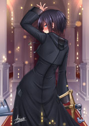 Rule 34 | 1girl, adsouto, arm up, back, black hair, blue eyes, blush, from behind, hallway, highres, holding, holding weapon, keyblade, kingdom hearts, kingdom key, looking at viewer, looking back, red carpet, short hair, smile, solo, weapon, xion (kingdom hearts)