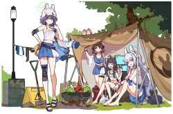 Rule 34 | 4girls, ahoge, animal ears, aqua eyes, bare shoulders, barefoot, black hair, blue archive, blue eyes, blue hair, blue skirt, blue tank top, brown hair, camisole, camping, carrot, closed eyes, closed mouth, collarbone, drum (container), elbow pads, fake animal ears, food, frown, full body, grass, grey halo, hair between eyes, halo, hand on own hip, hard hat, helmet, highres, ideolo, knee pads, lamppost, light blue hair, long hair, looking at viewer, midriff, miyako (blue archive), miyu (blue archive), moe (blue archive), multiple girls, navel, open mouth, parted bangs, purple hair, rabbit ears, rabbit platoon (blue archive), saki (blue archive), sandals, short hair, single elbow pad, single knee pad, sitting, sitting on object, skirt, smile, standing, tank top, tent, thigh strap, tree, twintails, unworn shirt, vegetable, white background, white camisole, white headwear, yellow halo