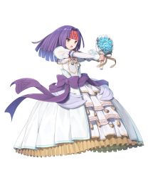 Rule 34 | 1girl, arm ribbon, bare shoulders, blue flower, blue rose, bouquet, detached collar, dress, fire emblem, fire emblem: path of radiance, fire emblem: radiant dawn, fire emblem heroes, flower, formal, full body, headband, highres, holding, holding bouquet, long sleeves, looking to the side, medium hair, nintendo, non-web source, official alternate costume, official art, open mouth, purple hair, purple ribbon, ribbon, rose, sanaki kirsch altina, solo, strapless, strapless dress, transparent background, wedding dress, white dress, yellow ribbon