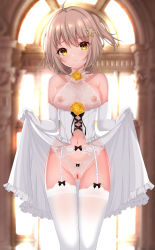 Rule 34 | 1girl, absurdres, ahoge, alternate costume, arknights, asymmetrical hair, backlighting, blush, breasts, censored, chinese commentary, church, closed mouth, corset, crotchless, crotchless panties, dress, elbow gloves, feet out of frame, flower, furrowed brow, garter belt, garter straps, gloves, hair between eyes, hair flower, hair ornament, highres, lace, lace collar, lace panties, light brown hair, light smile, looking at viewer, medium breasts, mosaic censoring, navel, nipples, panties, pussy, rose, scene (arknights), see-through, short hair, side ponytail, skirt hold, smile, solo, standing, sunlight, thighhighs, thighs, underbust, underwear, wedding dress, white dress, white gloves, white panties, white thighhighs, window, wing228, yellow eyes, yellow flower, yellow rose