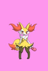 Rule 34 | 1girl, absurdres, animal ears, animal hands, blush, braixen, breasts, creatures (company), dildo, fang, feet, fox ears, fox tail, full body, furry, furry female, game freak, gen 6 pokemon, half-closed eyes, highres, kewon, legs apart, looking at viewer, nintendo, open mouth, pink background, pokemon, pokemon (creature), pokemon xy, red eyes, sex toy, simple background, small breasts, smile, solo, standing, tail, teeth