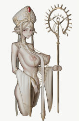Rule 34 | 1girl, crown, elf, highres, jewelry, long ears, nude, pointy ears, queen, red eyes, robe, snipercat, staff, white hair