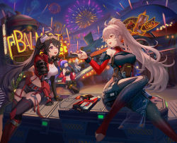 Rule 34 | 1boy, 3girls, aerial fireworks, ahoge, asukayou, bare shoulders, black hair, blonde hair, blue hair, blurry, blurry background, breasts, cobalt-b (tower of fantasy), echo (tower of fantasy), fireworks, food, gun, highres, holding, holding food, jacket, long hair, medium breasts, multiple girls, night, official art, one eye closed, open mouth, outdoors, ponytail, red eyes, samir (tower of fantasy), sitting, tattoo, tower of fantasy, weapon, white hair, yellow eyes, zero (tower of fantasy)