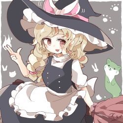 Rule 34 | 1girl, 1other, apron, black dress, blonde hair, blush, braid, broom, broom riding, dress, hat, highres, kirisame marisa, long hair, looking at viewer, red eyes, touhou, tsumurikoto, unfinished dream of all living ghost, white apron, witch hat