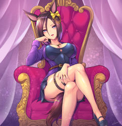 Rule 34 | 1girl, absurdres, air groove (umamusume), animal ears, black dress, black footwear, bloody0rabby, blue eyes, blush, bow, breasts, brown hair, cleavage, commentary request, crossed legs, curtains, dress, ear bow, feet out of frame, hair between eyes, high heels, highres, horse ears, horse girl, horse tail, jacket, large breasts, looking at viewer, open clothes, open jacket, open mouth, parted bangs, purple jacket, shoes, signature, sitting, solo, tail, teeth, throne, transparent, umamusume, upper teeth only, yellow bow