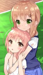 Rule 34 | 10s, 2girls, :o, bad id, bad pixiv id, blue skirt, blush, brown eyes, closed mouth, commentary request, day, green eyes, hair between eyes, hair ornament, hairclip, ichinose hana, light brown hair, long hair, looking at viewer, multiple girls, one side up, outdoors, parted lips, pleated skirt, puffy short sleeves, puffy sleeves, shirt, short sleeves, skirt, slow start, smile, sutei (xfzdarkt), tokura eiko, white shirt