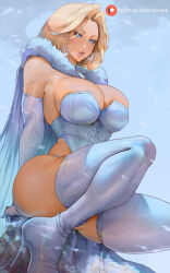 Rule 34 | 1girl, araneesama, bare shoulders, blue eyes, blush, boots, breasts, cape, cleavage, elbow gloves, emma frost, fur collar, gloves, high heel boots, high heels, highleg, highleg leotard, highres, large breasts, leotard, looking at viewer, marvel, parted bangs, short hair, sitting, solo, thigh boots, thighs, white cape, white footwear, white gloves, white leotard, x-men