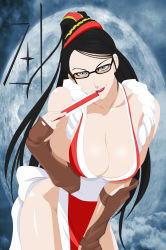 Rule 34 | 1girl, absurdres, bare shoulders, bayonetta, bayonetta (cosplay), bayonetta (series), black hair, blue eyes, breasts, cherry blossoms, cleavage, collarbone, cosplay, derivative work, fatal fury, glasses, hair ribbon, hand fan, highres, hip focus, king of fighters xiii, large breasts, leaning forward, lips, lipstick, long hair, looking at viewer, makeup, mole, moon, naughty face, non-web source, ribbon, shiranui mai, shiranui mai (cosplay), smile, snk, solo, the king of fighters, the king of fighters xiii, thighs, very long hair