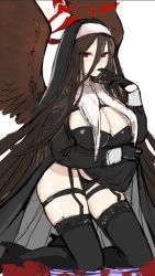 Rule 34 | 1girl, alternate costume, black gloves, black headwear, black panties, black thighhighs, black wings, blue archive, breasts, cleavage, clothes lift, commentary request, dress, dress lift, emirio (emirio110), feathered wings, flower, garter straps, glove pull, gloves, habit, hair between eyes, halo, hasumi (blue archive), highleg, highleg panties, huge breasts, kneeling, lifted by self, long hair, long sleeves, looking at viewer, mouth hold, nun, panties, petals, red eyes, red flower, simple background, sketch, solo, thighhighs, underwear, very long hair, water, white background, wings