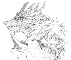 Rule 34 | 1boy, beard, cloak, commentary, dragon, facial hair, fate/extra, fate/grand order, fate (series), greyscale, heki0529, long hair, looking ahead, male focus, mature male, monochrome, profile, shoulder spikes, simple background, solo, spiked hair, spikes, upper body, vlad iii (fate/extra), white background