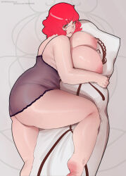 Rule 34 | 1girl, ass, breast press, breasts, dakimakura (object), female focus, from above, glasses, highres, huge ass, huge breasts, looking at viewer, lying, mmmmmkun, mole, mole on breast, mole under eye, nightgown, nipples, orange eyes, original, pillow, plump, red hair, shiny skin, solo, thick thighs, thighs, tongue, tongue out, topless