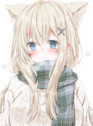 Rule 34 | 1girl, animal ear fluff, animal ears, blonde hair, blue eyes, blush, breasts, cat ears, extra ears, highres, hiro (hirohiro31), long hair, looking at viewer, medium breasts, original, scarf, solo, sweater, upper body, white background