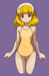 Rule 34 | 10s, 1girl, blonde hair, hairband, kise yayoi, looking at viewer, one-piece swimsuit, precure, purple background, rohitsuka, short hair, simple background, sketch, smile, smile precure!, solo, swimsuit, white hairband, yellow eyes, yellow one-piece swimsuit