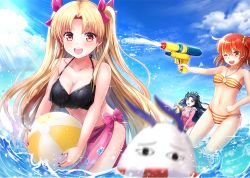 Rule 34 | 3girls, ahoge, ball, bare arms, bare shoulders, beach, beachball, bikini, black bikini, black hair, black nails, blonde hair, blurry, blush, breasts, cleavage, cloud, collarbone, commentary request, day, depth of field, earrings, ereshkigal (fate), eyebrows, fate/grand order, fate (series), finger on trigger, frilled bikini, frills, fujimaru ritsuka (female), fujimaru ritsuka (female) (brilliant summer), fur collar, glint, hair between eyes, hair ornament, hair ribbon, hair scrunchie, halterneck, holding, hoop earrings, infinity symbol, ishtar (fate), jacket, jewelry, kabosu (anna neji), light rays, long hair, long sleeves, looking at viewer, medium breasts, medjed (fate), midriff, multiple girls, nail polish, navel, o-ring, o-ring bikini, o-ring top, ocean, official alternate costume, one-piece swimsuit, one eye closed, open mouth, orange bikini, orange eyes, orange hair, orange scrunchie, outdoors, parted bangs, pink eyes, pink jacket, red eyes, ribbon, scrunchie, short hair, siblings, side-tie bikini bottom, side ponytail, sisters, sky, standing, striped bikini, striped clothes, summer, sun, sunbeam, sunlight, swimsuit, swimsuit under clothes, teeth, thighs, twintails, two side up, unzipped, upper teeth only, very long hair, wading, water, water drop, water gun, wet, wet clothes, wet swimsuit, white bikini, white one-piece swimsuit