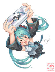 Rule 34 | &gt; &lt;, 1girl, aqua hair, blush, closed eyes, detached sleeves, foreshortening, from above, handheld game console, hatsune miku, heart, long hair, open mouth, pinakes, playing games, playstation vita, simple background, skirt, solo, tears, very long hair, vocaloid