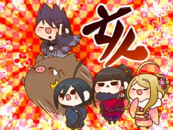 Rule 34 | 2boys, 2girls, ^^^, ahoge, akamatsu kaede, alternate costume, arm up, back bow, beads, black bow, black eyes, black footwear, black hair, black hakama, black jacket, black kimono, black sash, black scarf, blonde hair, blue hakama, blue kimono, blunt bangs, boots, bow, brown hair, checkered background, checkered bow, checkered clothes, chibi, chinese zodiac, commentary request, danganronpa (series), danganronpa v3: killing harmony, emphasis lines, eyelashes, facial hair, fist pump, floral background, floral print, flower, fortissimo, fur scarf, goatee, hair beads, hair between eyes, hair bun, hair flower, hair ornament, hair ribbon, hakama, hakama skirt, hand on own chin, hand on own hip, haori, harukawa maki, holding, jacket, japanese clothes, kimono, light blush, long hair, long sleeves, mole, mole under eye, momota kaito, multiple boys, multiple girls, musical note, musical note hair ornament, obi, object request, on animal, open clothes, open jacket, open mouth, orange flower, pale skin, pink flower, pink kimono, pom pom (clothes), ponytail, purple hair, purple jacket, purple ribbon, red background, red flower, red kimono, red rose, ribbon, riding, riding animal, rose, saihara shuichi, sandals, sash, scarf, short kimono, single hair bun, skirt, sleeves past fingers, sleeves past wrists, smile, socks, solid oval eyes, space print, speed lines, spiked hair, standing, starry sky print, surprised, sweatdrop, tabi, triangle mouth, unmoving pattern, wavy hair, white scarf, white socks, wide sleeves, year of the pig, yellow footwear, yellow sash, yukata, yumaru (marumarumaru)