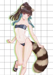 Rule 34 | 1girl, alternate costume, animal ears, anniecreate, arms at sides, bikini, black one-piece swimsuit, blue hair, blunt bangs, brown hair, colored tips, frown, grid background, gris swimsuit, hair intakes, head tilt, lunarnia, meme attire, multicolored hair, one-piece swimsuit, pale skin, raccoon ears, raccoon girl, raccoon tail, red eyes, see-through one-piece swimsuit, solo, strapless, strapless one-piece swimsuit, swimsuit, tail, thighs, vdonburi, virtual youtuber, white background