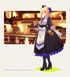 Rule 34 | 1girl, akino sora, animal ears, bar (place), bar stool, black dress, black footwear, black hat, blonde hair, blue necktie, blush, boots, bottle, breasts, cat ears, cat girl, cat tail, closed mouth, commentary request, cross-laced footwear, cup, dress, frilled dress, frills, gloves, gradient neckwear, grey background, hair between eyes, hair ribbon, hat, high heel boots, high heels, highres, holding, holding tray, juliet sleeves, lace-up boots, long hair, long sleeves, medium breasts, mini hat, mug, necktie, original, ponytail, puffy sleeves, red eyes, red necktie, ribbon, shirt, sidelocks, smile, solo, stool, tail, tray, white gloves, white shirt