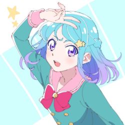 Rule 34 | 1girl, :d, aikatsu! (series), aikatsu friends!, aqua jacket, arm up, blue background, blue hair, bow, bowtie, braid, buttons, double-breasted, french braid, gradient hair, hair ornament, hirayama kanna, jacket, long sleeves, looking at viewer, medium hair, minato mio, multicolored background, multicolored hair, open mouth, pink bow, pink bowtie, pink sailor collar, purple eyes, purple hair, round teeth, sailor collar, school uniform, simple background, sketch, smile, solo, star (symbol), star hair ornament, star harmony academy school uniform, teeth, upper body, upper teeth only, v, white background