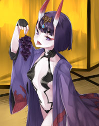 Rule 34 | 1girl, black hair, breasts, cleavage, collarbone, cowboy shot, fate/grand order, fate (series), food, fruit, grapes, highres, holding, holding food, horns, indoors, midriff, navel, nuqura, short hair, shuten douji (fate), shuten douji (first ascension) (fate), small breasts, solo, standing, stomach
