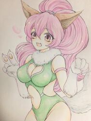 Rule 34 | 1girl, :d, animal ears, animal hands, breasts, cat ears, cat tail, cleavage, cleavage cutout, clothing cutout, higemaccho, highres, large breasts, leotard, long hair, looking at viewer, navel, open mouth, perisie (star ocean), pink hair, ponytail, simple background, smile, solo, star ocean, star ocean first departure, tail, v