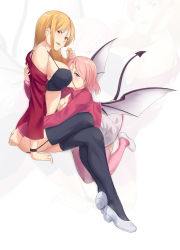 Rule 34 | 2girls, absurdres, black bra, black legwear, blazer, blush, bra, breasts, crossed legs, demon girl, demon tail, demon wings, face to breasts, from side, garter straps, grabbing another&#039;s hair, highres, holding, holding own hair, hug, invisible chair, jacket, large breasts, long hair, long sleeves, looking at viewer, multiple girls, nail polish, off shoulder, open clothes, open jacket, open mouth, pink eyes, pink hair, pink jacket, pink legwear, pink nails, red jacket, saruno (eyesonly712), short hair, sitting, skirt, swept bangs, tail, thighhighs, underwear, watch, white footwear, white skirt, wings, wristwatch, yuri, zoom layer
