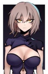 Rule 34 | 1girl, absurdres, blue dress, breasts, china dress, chinese clothes, clothing cutout, commentary, dress, english commentary, expressionless, fate/grand order, fate (series), gloves, highres, j.k., jeanne d&#039;arc (fate), jeanne d&#039;arc alter (avenger) (fate), jeanne d&#039;arc alter (avenger) (third ascension) (fate), jeanne d&#039;arc alter (fate), long hair, looking at viewer, medium breasts, navel cutout, platinum blonde hair, slit pupils, solo, underboob, upper body, yellow eyes, zipper, zipper pull tab