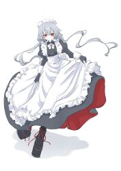 Rule 34 | 1girl, alternate costume, apron, boots, dress, duel monster, frilled apron, frills, gloves, grey hair, highres, jigenshin, long hair, low twintails, maid, maid headdress, red eyes, sky striker ace - roze, solo, twintails, white apron, yu-gi-oh!