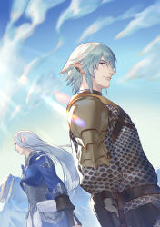Rule 34 | 1boy, 1girl, armor, blue lips, chainmail, closed mouth, cloud, cloudy sky, cold, earrings, elezen, elf, final fantasy, final fantasy xiv, grey eyes, haurchefant greystone, highres, jewelry, light rays, lipstick, lmin, long hair, looking at viewer, makeup, mountain, outdoors, pauldrons, pointy ears, shoulder armor, sky, smile, snow, standing, turtleneck, white hair, ysayle dangoulain