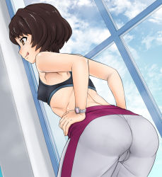 Rule 34 | 1girl, :p, ass, black bra, bra, breasts, brown eyes, brown hair, cameltoe, closed mouth, cloud, cloudy sky, cowboy shot, day, dutch angle, from behind, grey pants, hands on own hips, highres, indoors, leaning forward, no shirt, nurugamer-kouyouju, pants, pantylines, shinmon megumi, short hair, sky, small breasts, solo, sports bra, standing, tomica hyper rescue drive head: kidou kyuukyuu keisatsu, tongue, tongue out, track pants, trefoil, underwear, watch, window, wristwatch