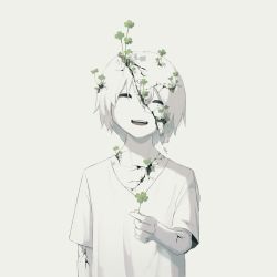 Rule 34 | 1boy, avogado6, closed eyes, clover, commentary, cracked skin, four-leaf clover, holding, holding clover, male focus, muted color, open mouth, original, pale skin, smile, solo, spot color, white background, white hair