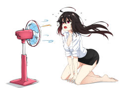 Rule 34 | 1girl, ahoge, ass, bare legs, barefoot, black hair, black skirt, breasts, cleavage, collarbone, commentary, dress shirt, electric fan, flying sweatdrops, full body, healther, highres, huge ahoge, kneeling, leaning forward, long hair, medium breasts, multicolored hair, office lady, open mouth, original, pencil skirt, red eyes, red hair, shirt, simple background, skirt, solo, sweat, two-tone hair, white background, white shirt