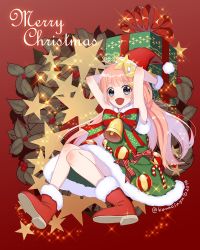 Rule 34 | 1girl, :d, armpits, arms up, bad id, bad pixiv id, bell, blush, bow, box, candy, candy cane, christmas, dress, english text, fangs, food, full body, fur trim, gift, gift box, gradient background, green dress, hat, highres, holding, holly, jingle bell, kanno sayu, knees together feet apart, long hair, looking at viewer, merry christmas, mittens, open mouth, original, pink hair, red background, red footwear, santa hat, sitting, smile, solo, sparkle, star (symbol), striped, striped bow, twitter username, very long hair