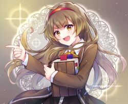 Rule 34 | 1girl, book, bookmark, bow, bowtie, brown bow, brown bowtie, brown coat, brown eyes, brown hair, coat, collared shirt, commentary, hairband, holding, holding book, index finger raised, library of ruina, long hair, long sleeves, looking at viewer, malkuth (project moon), mikoto0x0, open mouth, pointing, project moon, red hairband, shirt, sidelocks, smile, solo, sparkle, upper body, white shirt