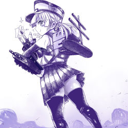 Rule 34 | 10s, 1girl, back, bad id, bad pixiv id, cannon, chimney, hair ribbon, hat, kantai collection, looking back, machinery, monochrome, ooshio (kancolle), pleated skirt, ribbon, richou (zerozero1101), shirt, short hair, short twintails, skirt, smile, smokestack, solo, suspenders, thighhighs, torpedo, turret, twintails