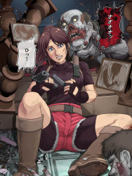 Rule 34 | 1girl, belt, bike shorts, blue eyes, boots, breasts, brown hair, claire redfield, denim, fingerless gloves, gloves, gun, handgun, looking at viewer, ponytail, reloading, resident evil, resident evil 2, scared, shorts, tare-katsu, translation request, weapon, zombie
