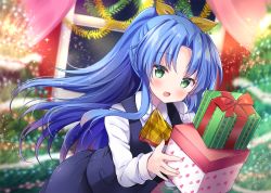 Rule 34 | 1girl, :d, bad id, bad pixiv id, black skirt, black vest, blue hair, blurry, blurry background, blush, box, christmas, christmas ornaments, christmas tree, collared shirt, commentary request, depth of field, gift, gift box, green eyes, holding, holding gift, indoors, long hair, long sleeves, looking at viewer, masayo (gin no ame), open mouth, original, parted bangs, plaid neckwear, ponytail, shirt, skirt, smile, solo, uniform, very long hair, vest, white shirt, window, yellow neckwear