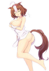 Rule 34 | 1girl, :3, ahoge, animal ears, ass, baika, barefoot, brown hair, closed eyes, commentary request, foot out of frame, hair between eyes, hairband, highres, horse ears, horse girl, horse tail, meisho doto (umamusume), multicolored hair, naked towel, open mouth, simple background, smile, solo, standing, standing on one leg, streaked hair, tail, towel, umamusume, white background, white hair, white towel