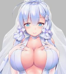 Rule 34 | 1girl, ahoge, alternate costume, awa yume, azur lane, blue eyes, blush, breast press, breasts, bridal veil, choker, cleavage, collarbone, dress, elbow gloves, flower, gloves, hair flower, hair ornament, hair ribbon, hands on own chest, illustrious (azur lane), illustrious (morning star of love and hope) (azur lane), large breasts, long hair, looking at viewer, low twintails, mole, mole under eye, no bra, ribbon, smile, solo, tress ribbon, twintails, upper body, veil, wedding dress, white dress, white gloves, white hair