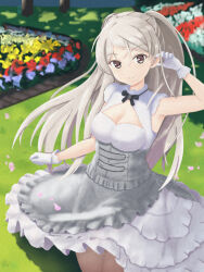 Rule 34 | 1girl, breasts, brown eyes, cleavage cutout, clothing cutout, conte di cavour (kancolle), conte di cavour nuovo (kancolle), dress, frilled dress, frills, garden, gloves, grey dress, grey hair, highres, kantai collection, kotou yogen, large breasts, layered dress, long hair, looking at viewer, solo, standing, two-tone dress, two side up, white gloves