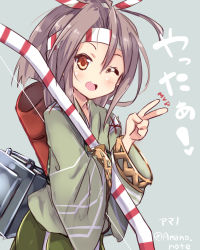 Rule 34 | 10s, 1girl, alternate color, amano kouki, bow (weapon), brown eyes, brown hair, headband, highres, japanese clothes, kantai collection, long hair, one eye closed, ponytail, smile, solo, v, weapon, zuihou (kancolle)