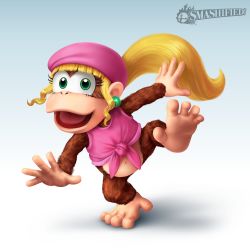 Rule 34 | 1girl, ape, barefoot, blonde hair, clothes, dixie kong, donkey kong (series), feet, green eyes, happy, hat, highres, jewelry, long hair, looking at viewer, navel, nintendo, open mouth, ponytail, soles, solo, super smash bros., toenails, toes, tongue