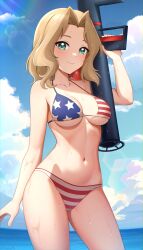 Rule 34 | 1girl, absurdres, american flag bikini, arm at side, bare arms, bare shoulders, bikini, blonde hair, blue sky, breasts, closed mouth, cloud, cowboy shot, day, flag print, girls und panzer, green eyes, hair intakes, halterneck, highres, holding, holding weapon, horizon, kay (girls und panzer), large breasts, lens flare, light blush, light rays, looking at viewer, medium hair, navel, ocean, outdoors, print swimsuit, sky, smile, solo, standing, stomach, sunbeam, sunlight, swimsuit, twitter username, underboob, water, water drop, weapon, wet, yisusjpl