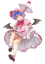 Rule 34 | 1girl, bad id, bad pixiv id, bat wings, bloomers, blue hair, bow, clothes lift, colored eyelashes, dress, eyelashes, fang, female focus, hat, hat bow, open mouth, parasol, petticoat, red eyes, remilia scarlet, short hair, short sleeves, simple background, skirt, skirt lift, solo, touhou, umbrella, underwear, ushi (newrein), wings