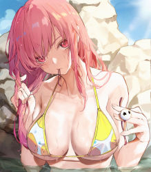 Rule 34 | 1girl, alternate hairstyle, azur lane, bare arms, bare shoulders, bikini, blush, breasts, cleavage, collarbone, commentary request, day, dead or alive, hair down, hair tie, highres, holding, honoka (doa), honoka (summer angel on the shore) (doa), large breasts, long hair, looking at viewer, luobo (nsnr8754), mouth hold, outdoors, partially submerged, pink eyes, pink hair, resolution mismatch, rock, solo, source larger, star (symbol), swimsuit, two-tone bikini, upper body, water, wet, wet hair