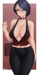 Rule 34 | 1girl, absurdres, bare shoulders, black hair, black pants, blush, bracelet, breasts, center opening, choker, cleavage, collarbone, collared shirt, fire emblem, fire emblem: three houses, highres, jewelry, large breasts, looking at viewer, navel, necklace, nintendo, pants, purple eyes, shamir nevrand, shirt, short hair, sleeveless, sleeveless shirt, solo, thighs, waistcoat, zaphn