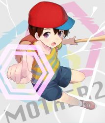 Rule 34 | 1boy, backpack, bad id, bad pixiv id, bag, baseball bat, black hair, cocolo (co co lo), copyright name, hat, male focus, mother (game), mother 2, ness (mother 2), nintendo, purple hair, shirt, shoes, shorts, sneakers, solo, striped clothes, striped shirt